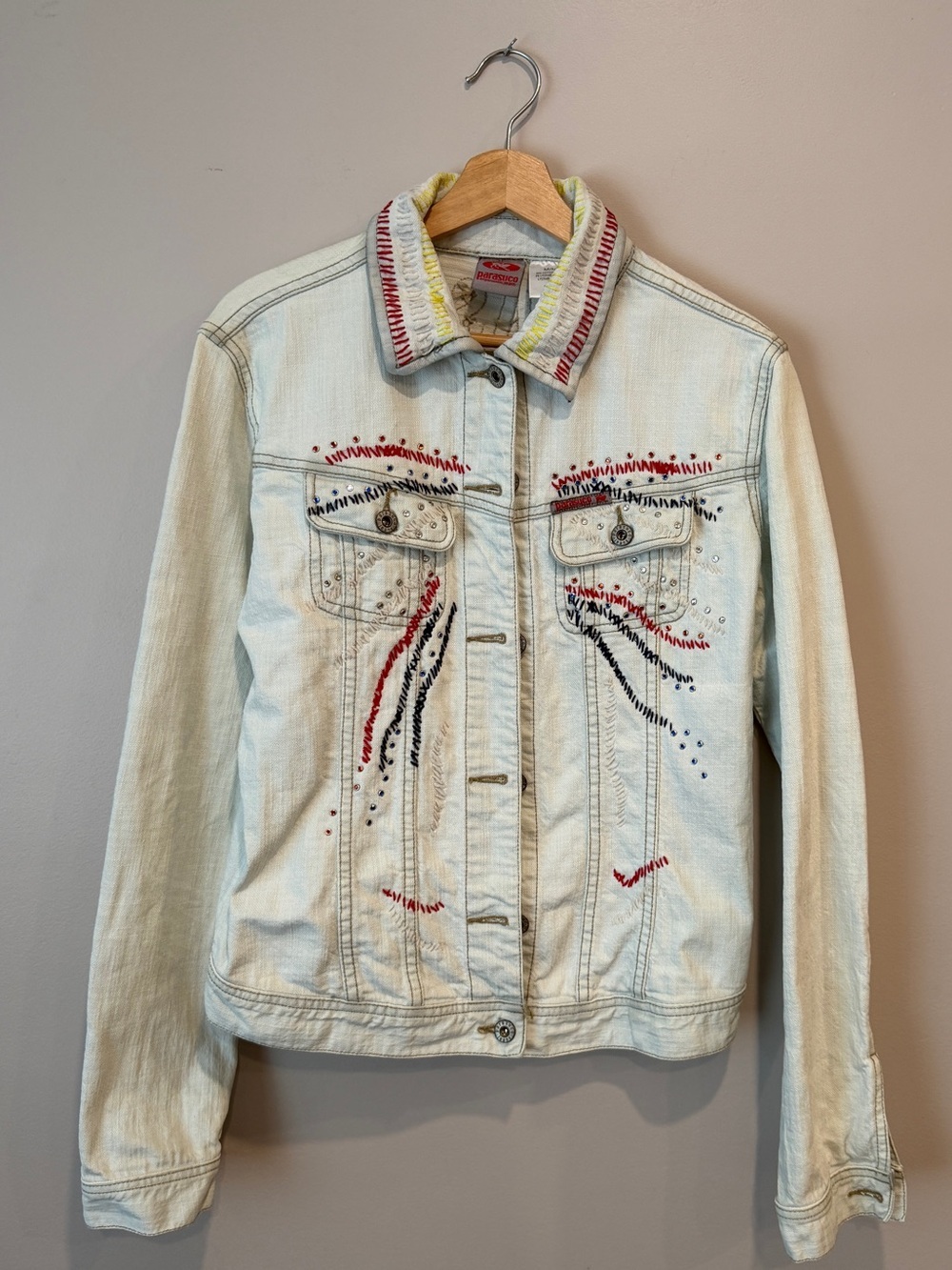 Vintage Y2K Parasuco Embroidered Studded Light Wash Denim Trucker Jacket M